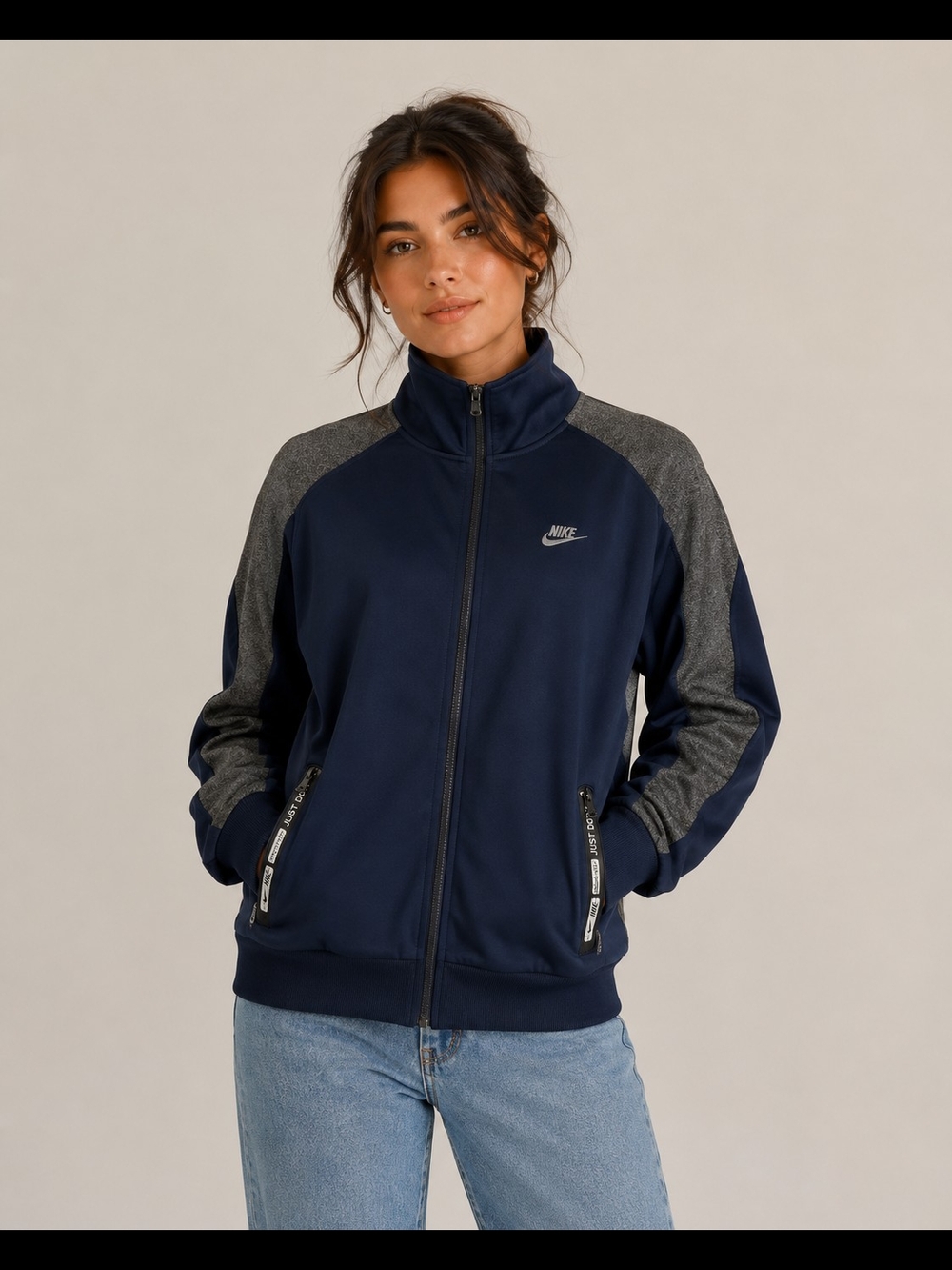 Nike Women's Navy and Gray Colorblock Full Zip Track Jacket XL